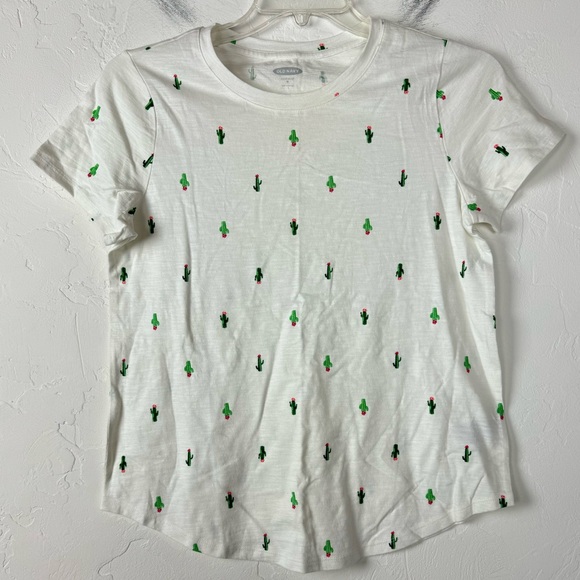 Old Navy Shirt Knit Top Tee Everywear Slub Cactus Print Novelty Crew Neck White‎ - Picture 1 of 6